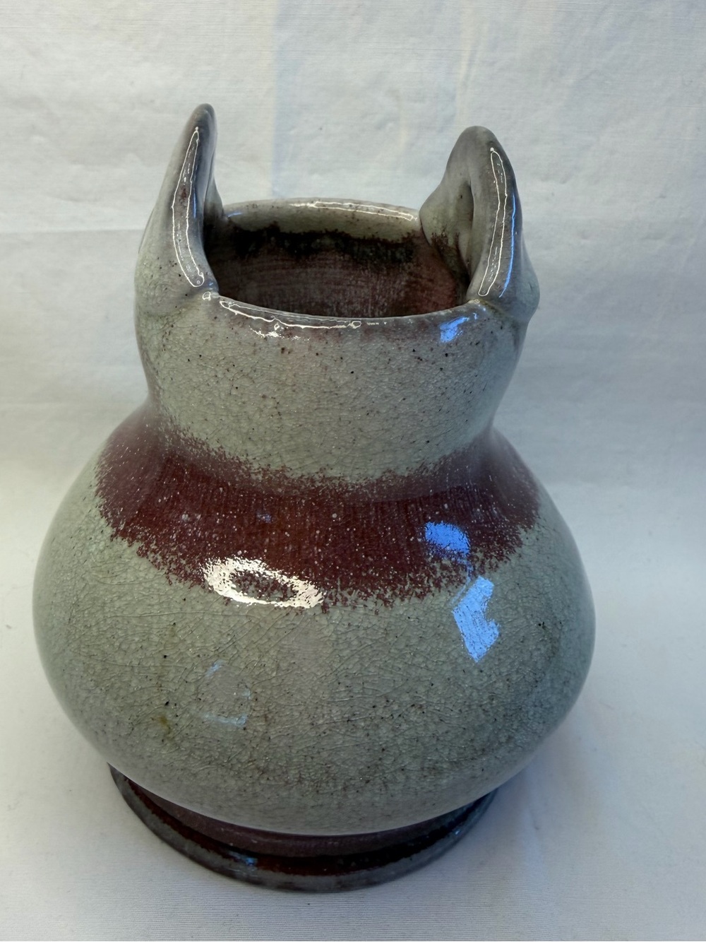 Handcrafted Ceramic Vase in Pale Gray and Deep Red-Brown Signed Studio Pottery